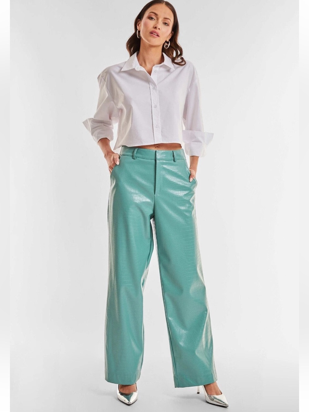 New The Noli Shop Croc Faux Leather Wide-Leg Pants Dark Sage Green NWT Women’s 6
